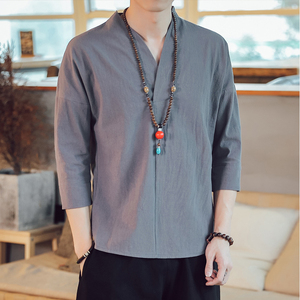 亚麻短袖t恤男夏季薄款中国风男装五分袖青年宽松大码棉麻唐装潮
