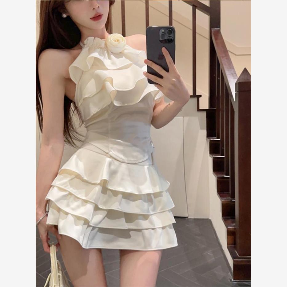 夏装搭配一整套时尚套装辣妹挂脖吊带上衣蛋糕裙半身裙子两件套女