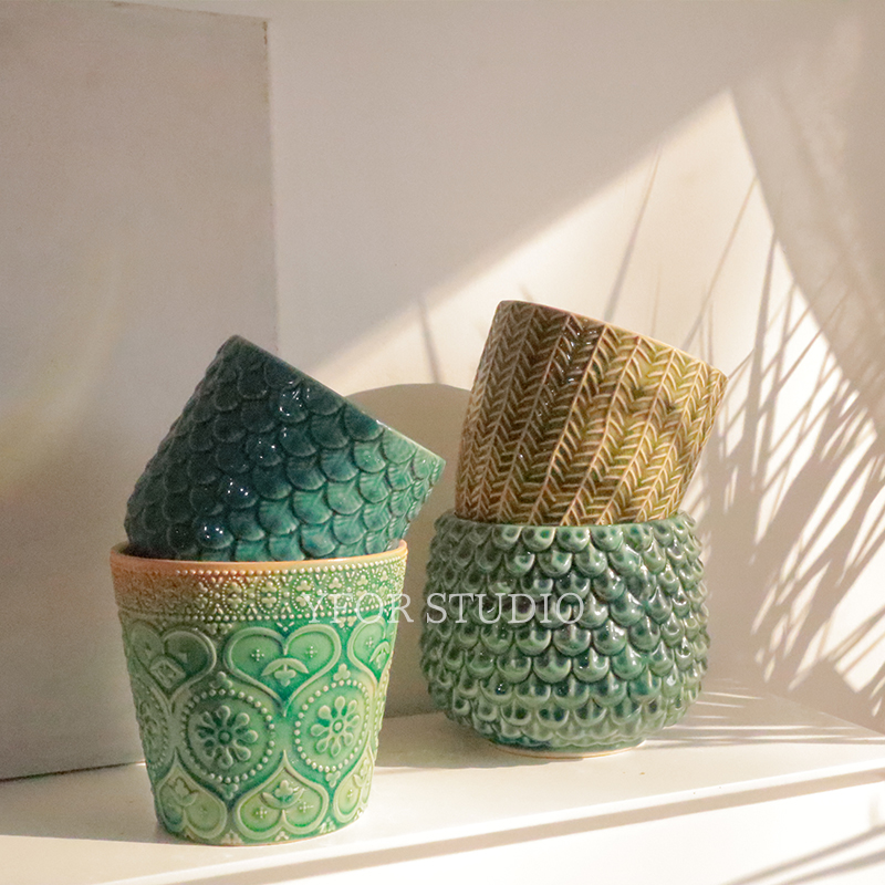 复古外贸花盆陶瓷北欧浮雕推荐