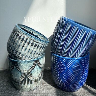 【YFOR】出口外贸复古陶瓷无孔蓝色浮雕秋海棠蝴蝶兰花盆