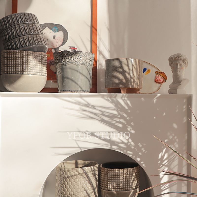 【YFOR】出口外贸灰色球根蝴蝶兰多肉彩海芋绿植冰裂陶瓷无孔花盆