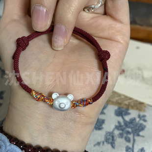 足银999轻松熊熊红绳手链3D硬银手绳卡通动物生日礼品生肖饰品女