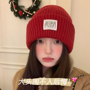 红色针织帽大头围帽子女士冬护耳冷帽显脸小包头帽保暖防寒毛线帽