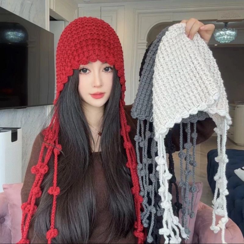 八根流苏手工针织帽川西旅游镂空针织包头帽子女秋冬季显脸小冷帽