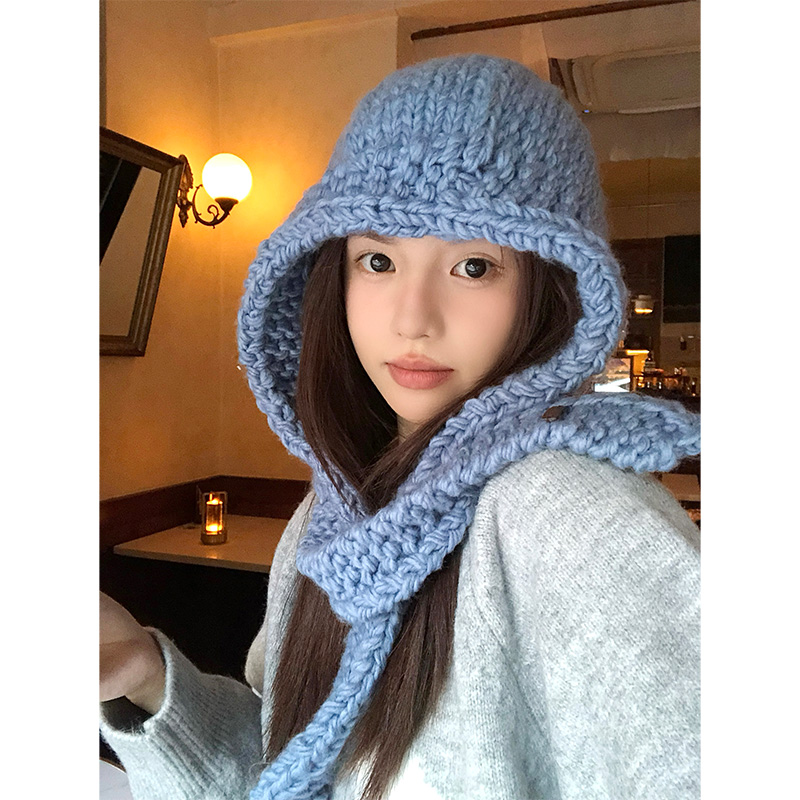 蓝色针织巴拉克拉法帽女秋冬季保暖大头围毛线帽子围脖一体雷锋帽