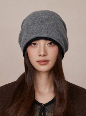 100羊毛堆堆帽男女同款灰色百搭套头帽冬天保暖针织帽子包头帽潮