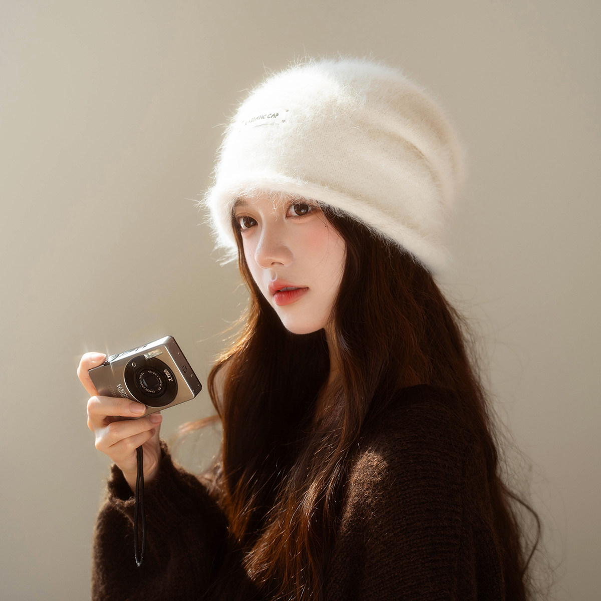 冬天毛绒针织冷帽女生白色温柔保暖兔毛堆堆帽高品质卷边套头帽子,运动包/户外包/配件,运动帽,淘宝优惠券,粉丝福利购,淘宝优惠卷