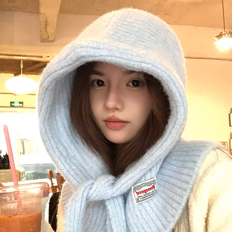 韩系高级感巴拉克拉法帽女冬季蓝色帽子围脖一体保暖氛围感针织帽