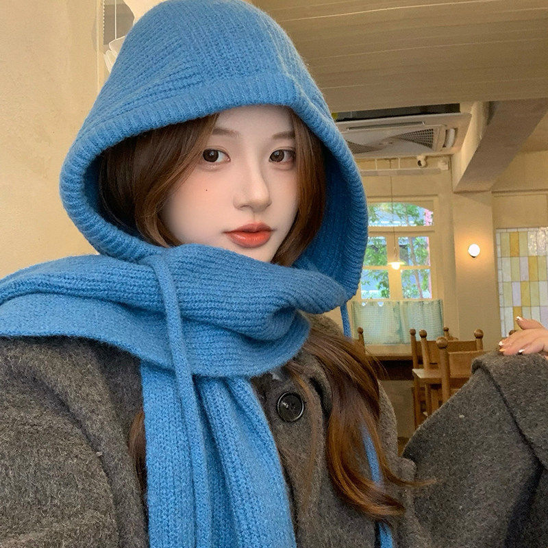 蓝色巴拉克拉法帽女款冬季大头围护耳保暖毛线帽针织帽子围巾一体