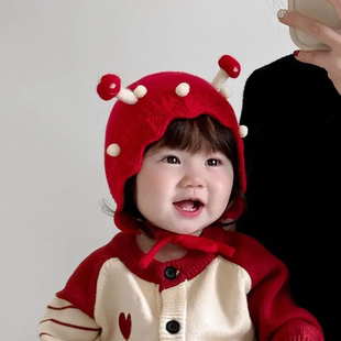 公主红色婴幼儿童毛线帽子秋冬季小月龄女宝宝护耳可爱超萌过新年