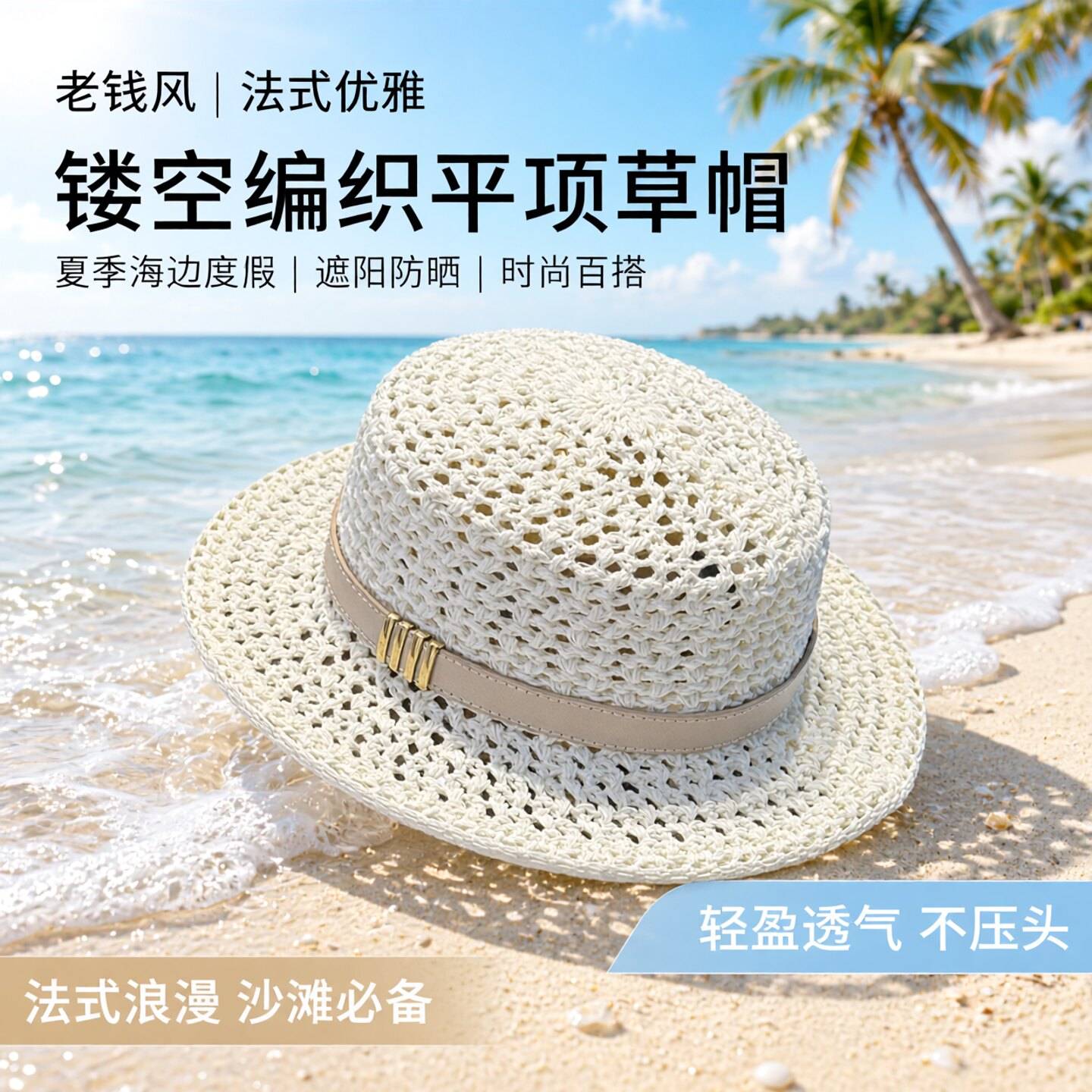 老钱镂空编织平顶帽子女款夏季