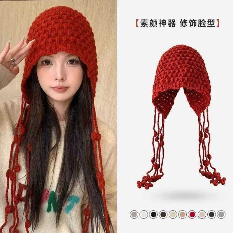 川西旅游花朵流苏红色毛线帽子女