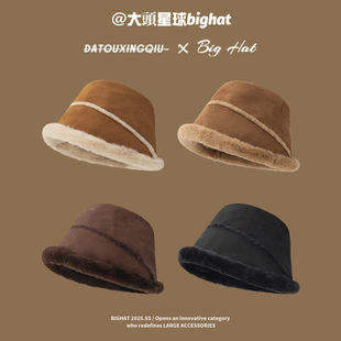 渔夫帽女士冬季大头围帽子麂皮绒盆帽加绒加厚保暖防寒护耳水桶帽