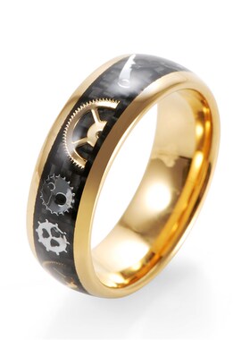 极速Mens Gold Tungsten Carbide Ring Inlay Black CarWbon Fibe