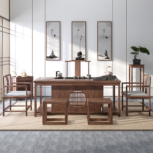 极速新中式实木茶台茶桌椅组合禅意黑胡桃木泡茶桌多功.能茶室功