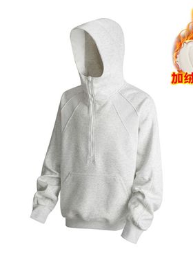 解构拼接加绒加厚连帽卫衣女情侣宽松套头半拉链灰色外套休闲上衣
