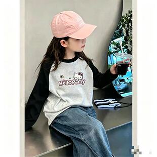 麻灰hello猫咪儿童纯棉插肩长袖T恤中大童男女潮流印花卡通内搭衫