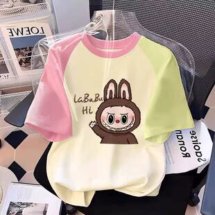 纯棉拼色插肩女童短袖t恤拉布布儿童上衣男童多巴胺穿搭大童体恤