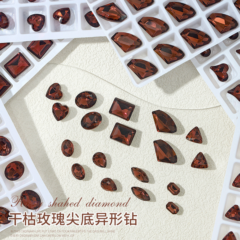干枯玫瑰尖底异形钻超闪美甲爱心肥方水钻网红新款指甲装饰