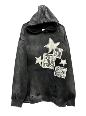 复古回潮！原创remake！亚文化版型潮流拼接贴布重磅做旧连帽卫衣