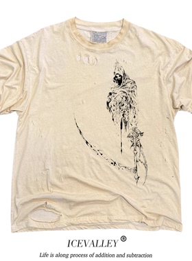 MELANIN 黑色素刺青 暗黑哥特die枯槁亡灵破洞杏色T恤透气耐穿