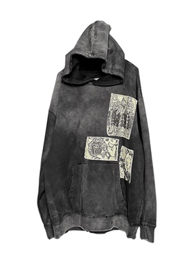 招财进宝!中式复古原创remake水洗做旧连帽卫衣厚重感贴布手工