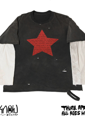 MELANIN 黑色素刺青 亚文化做旧破洞五星涂鸦国潮假两件长袖上衣