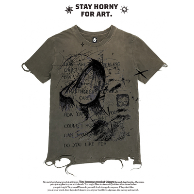 MELANIN 黑色素刺青 甜酷嬉皮动漫少女病娇阴郁风破洞宽松短袖T恤