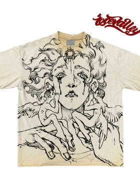 MELANIN 重磅水洗做旧手绘ins风破洞百搭T恤喷绘印花圆领潮流短袖