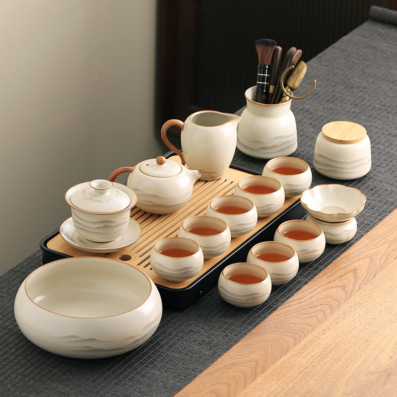米黄汝窑功夫茶具套装中式轻奢高档泡茶壶盖碗茶杯整套2025年新款,餐饮具,整套茶具,淘宝优惠券,粉丝福利购,淘宝优惠卷