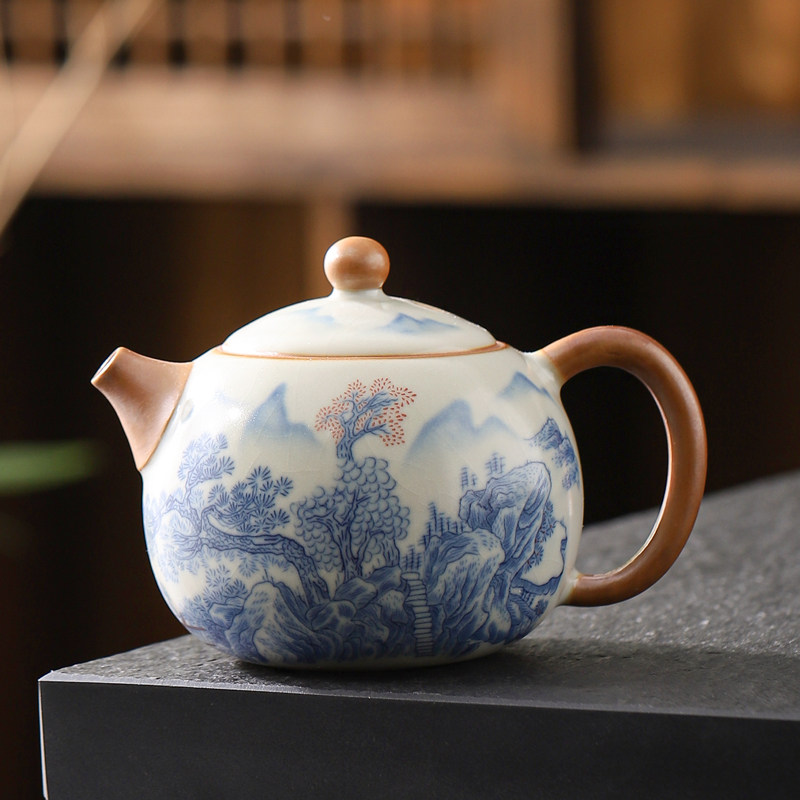 汝窑茶壶陶瓷功夫茶具家用办公室大号泡茶壶中式青花单个开片可养