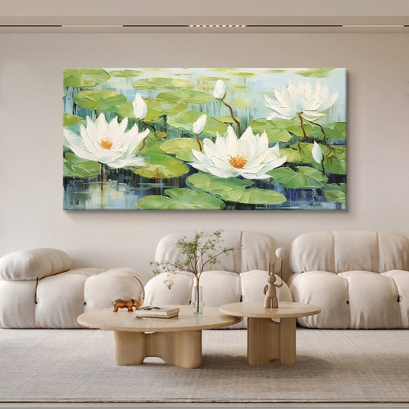 爆款奶油风白色荷花纯手绘油画玄关装饰画客厅新中式抽象丙烯肌理图片