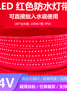 红光灯带24V水下防水灯带鱼缸鱼池水池24V红色自粘水下专用灯带