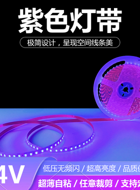 24V紫色LED灯带条超薄自粘防水户外可用紫罗蓝10米高亮紫光灯条