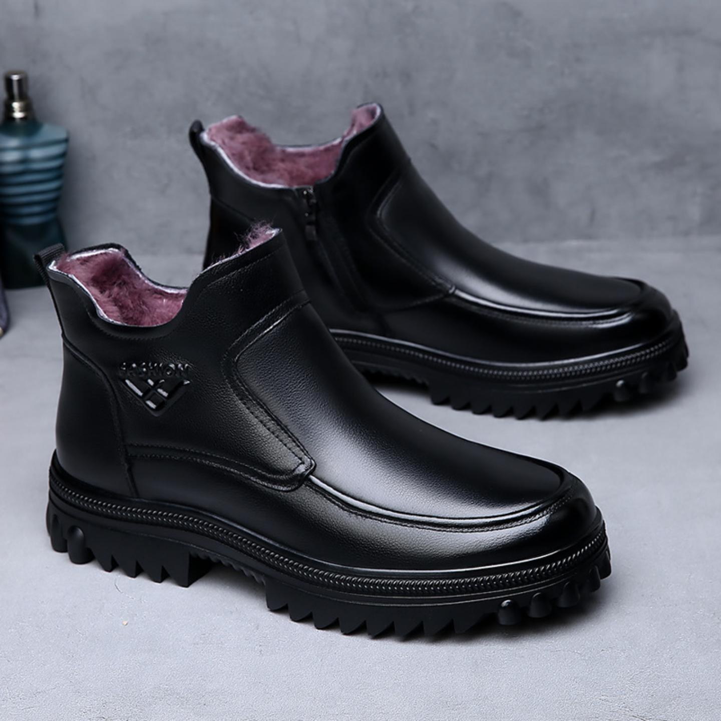 头层牛皮羊皮毛一体保暖男款棉靴