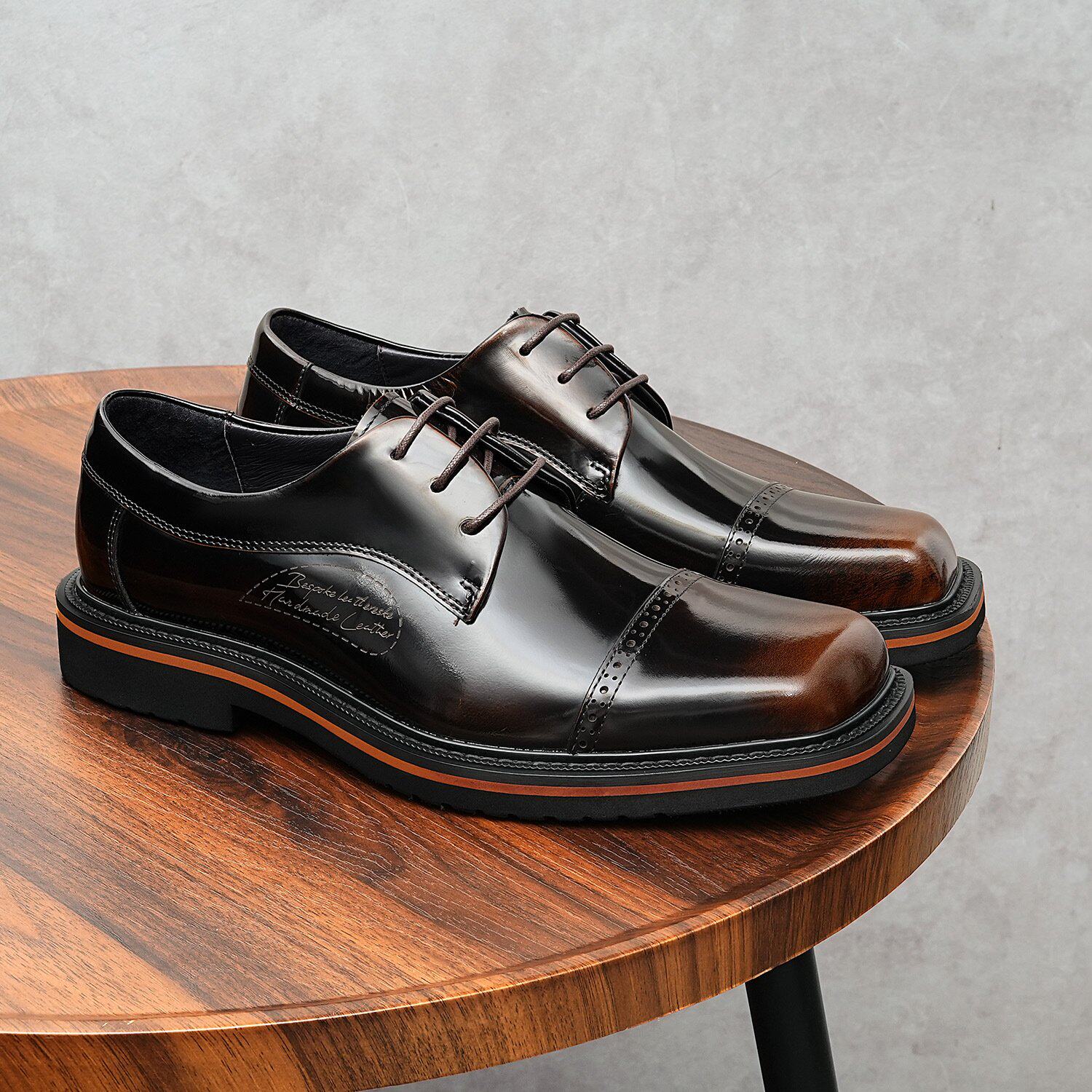 男士方头皮鞋大码三接头商务鞋子男休闲系带牛皮真皮亮面德比男鞋