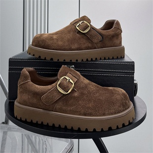 正品真皮加绒勃肯鞋男2026冬季新款复古厚底一脚蹬鞋子男款增高鞋