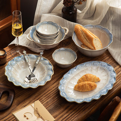 法式浮雕米饭碗烟蓝陶瓷碗碟套装家用2024新款餐具高级感轻奢碗盘