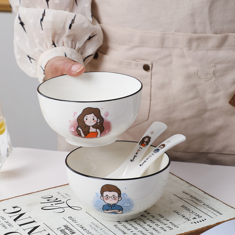 情侣碗一对情侣款家用碗勺套装高颜值卡通日式可爱陶瓷饭碗牛排盘