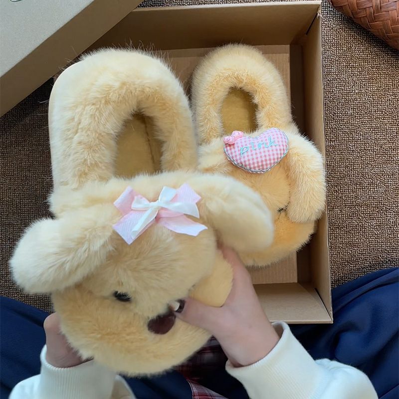 冬日软萌粉心蝴蝶结保暖包头拖2025新款居家舒适耐磨小狗棉拖鞋女
