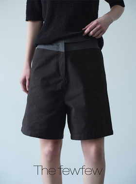 The fewfew 棉亚麻混纺撞色分割拼接腰头宽松中高腰百搭A字短裤