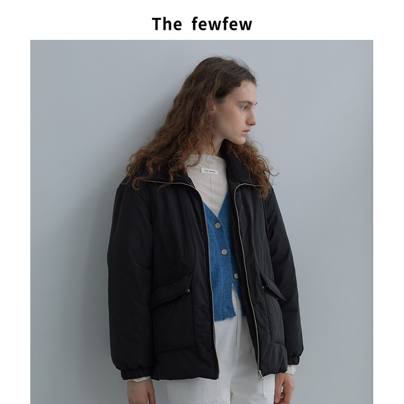 The fewfew 针织翻领A字版型宽松休闲黑色夹棉保暖夹克棉服外套