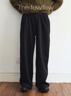 The fewfew 黑色羊毛混纺拼接松紧腰头宽松休闲百搭直筒休闲裤