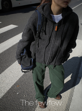 The fewfew 羊毛混纺蓬松保暖拉链休闲连帽叠搭针织毛衣开衫外套