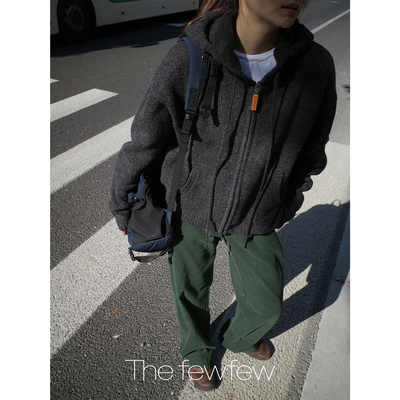 The fewfew 羊毛混纺蓬松保暖拉链休闲连帽叠搭针织毛衣开衫外套