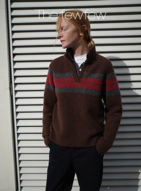 The fewfew 复古时髦撞色条纹拉毛工艺蓬松温暖翻领V领针织毛衣