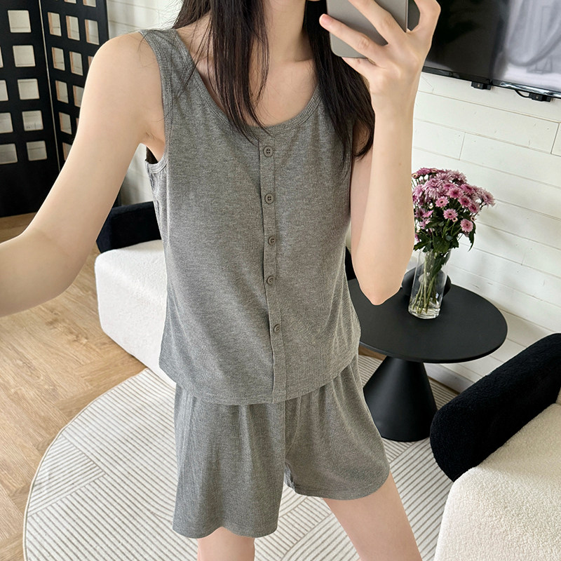 无袖背心睡衣女夏季莫代尔带胸垫假开衫纯色可外穿吊带家居服套装