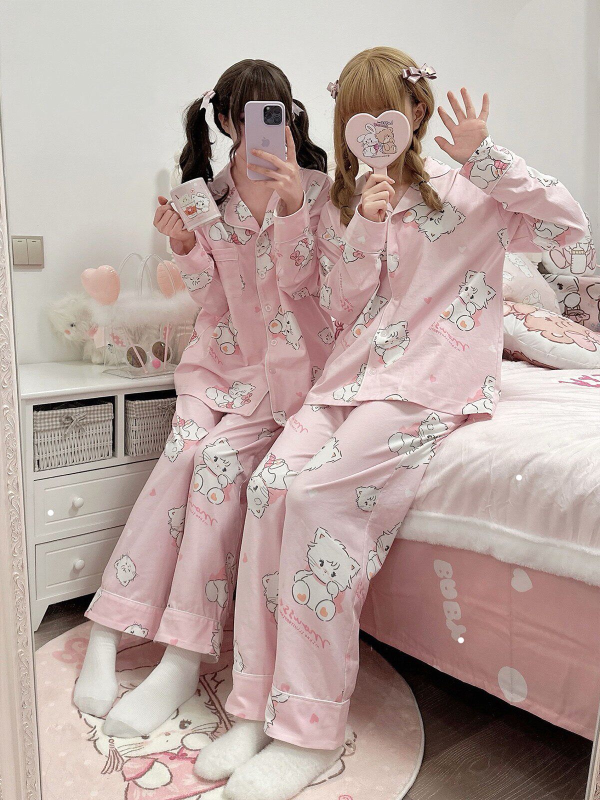 绵羊商店纯棉睡衣套装可爱长袖翻领秋季少女可爱家居服女粉色