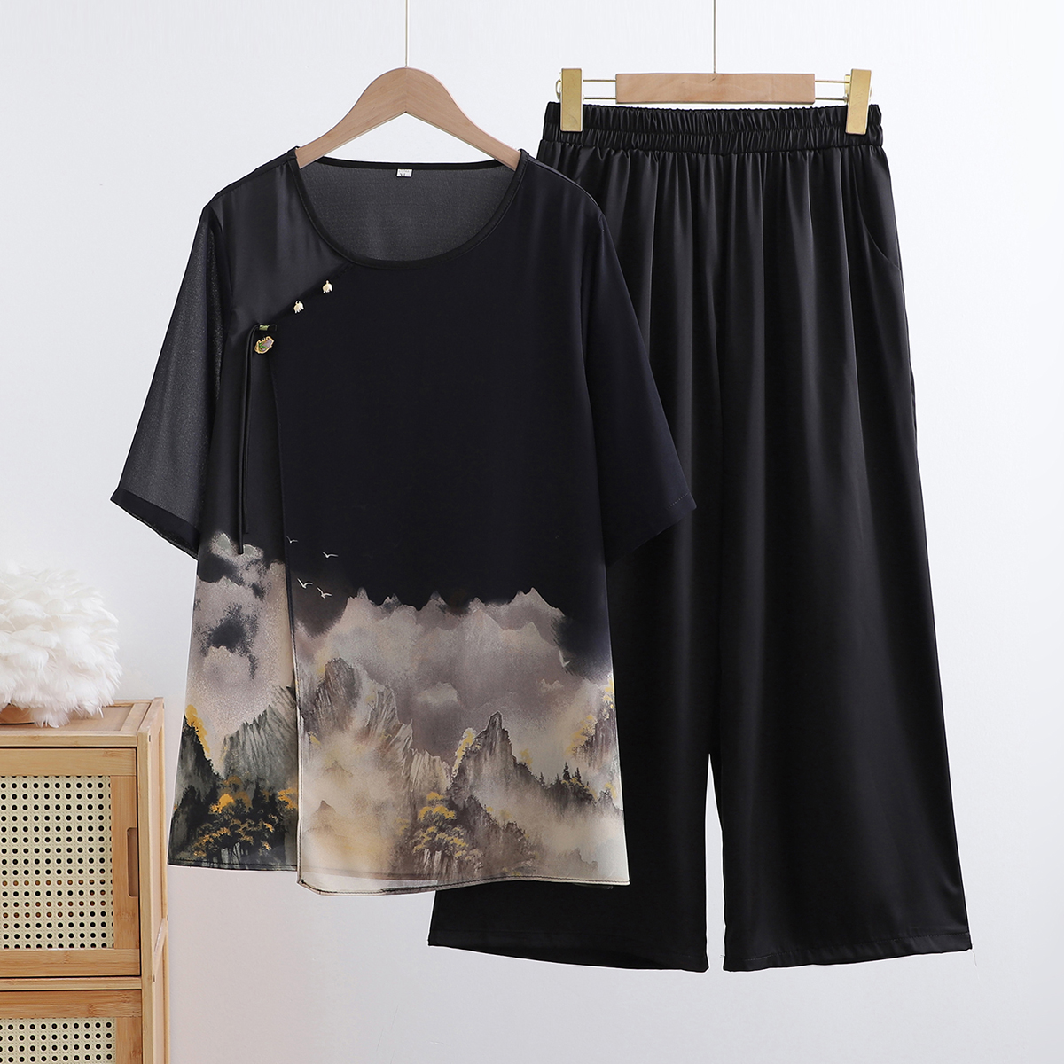 媽媽夏裝洋氣國風雪紡套裝大碼