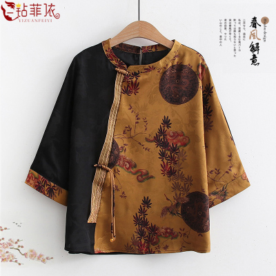 妈妈夏装复古红云纱花萝小衫